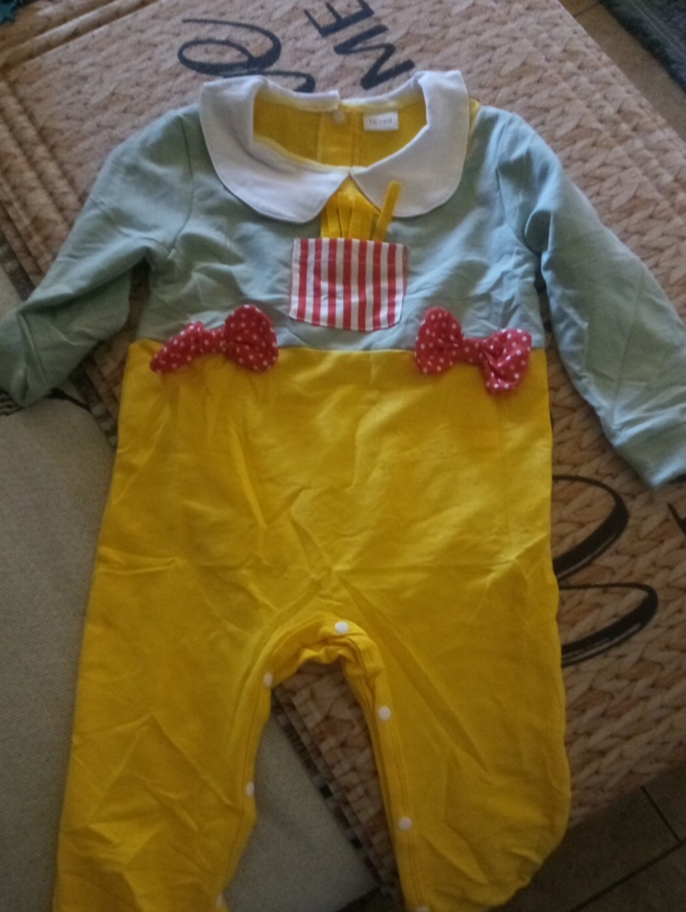 Yellow & Light Blue Baby Onesie with Red Bow Accents Size 12-18 Month Good Condi